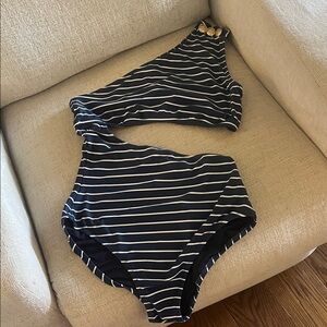J. Crew Navy and White Striped One-Shoulder Swimsuit